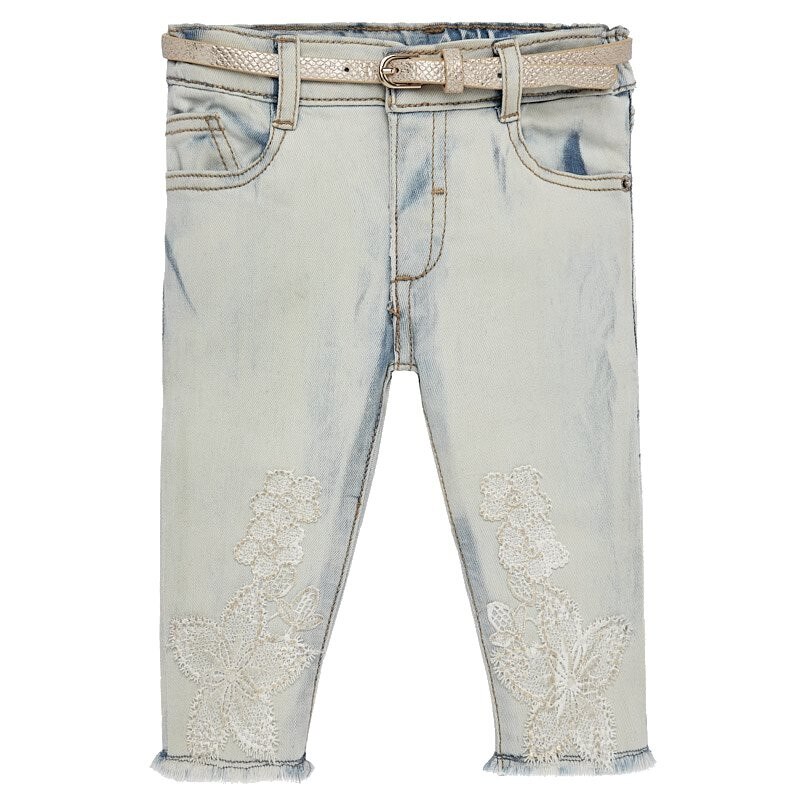 Pantaloni lungi Bleached cu broderie, Alb/Albastru