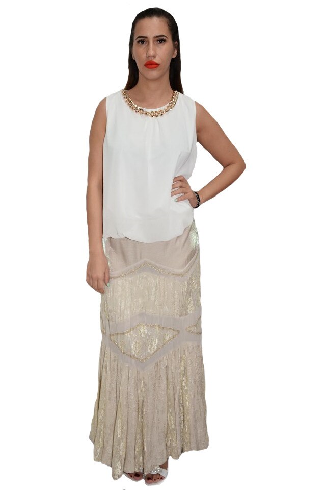 Fusta lunga, model lucios fin aplicat, D&J Exclusive, Crem