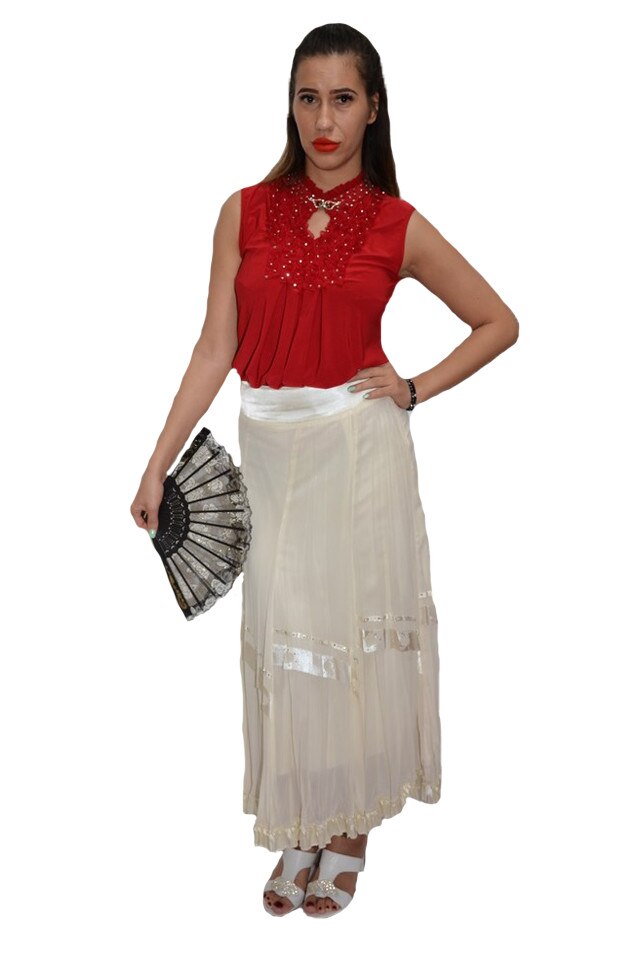 Fusta cu betelie lata si lucioasa in talie, D&J Exclusive, Crem