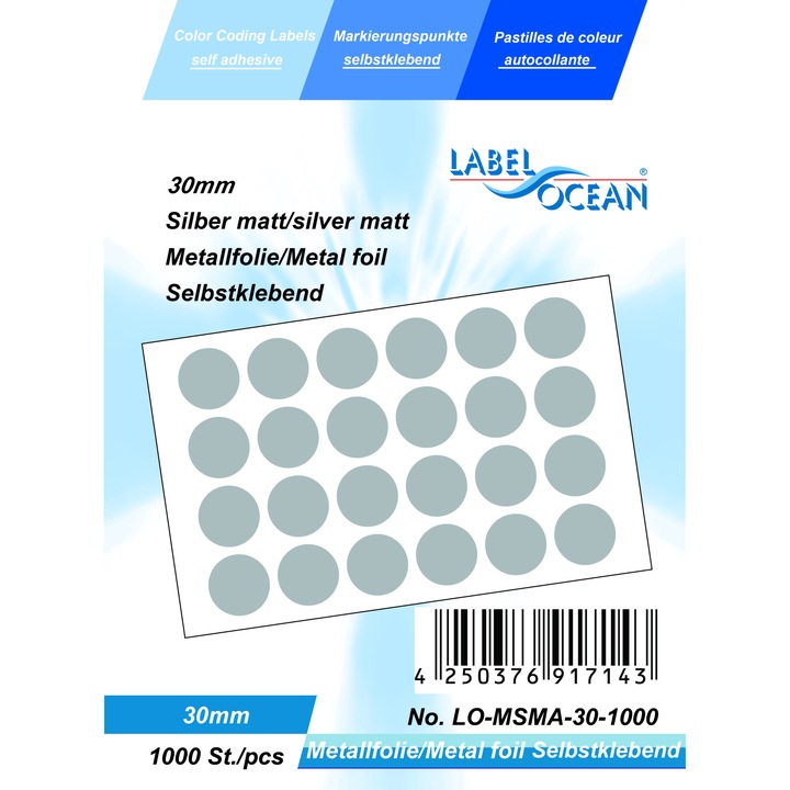 Tekercs, 1000 öntapadó címke pöttyös matt ezüst átmérő 30 mm fémfólia