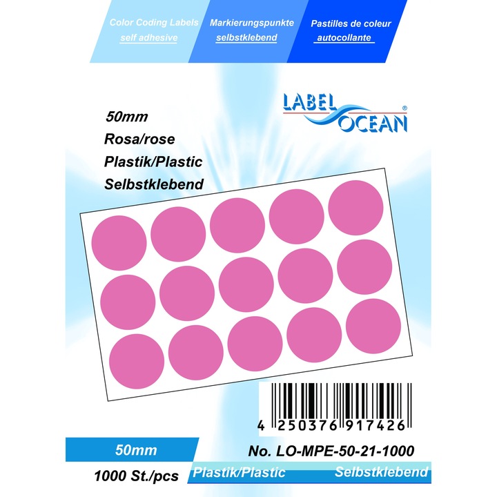 Ролка от 1000 розови точки Самозалепващи етикети Диаметър 50 mm Пластмаса