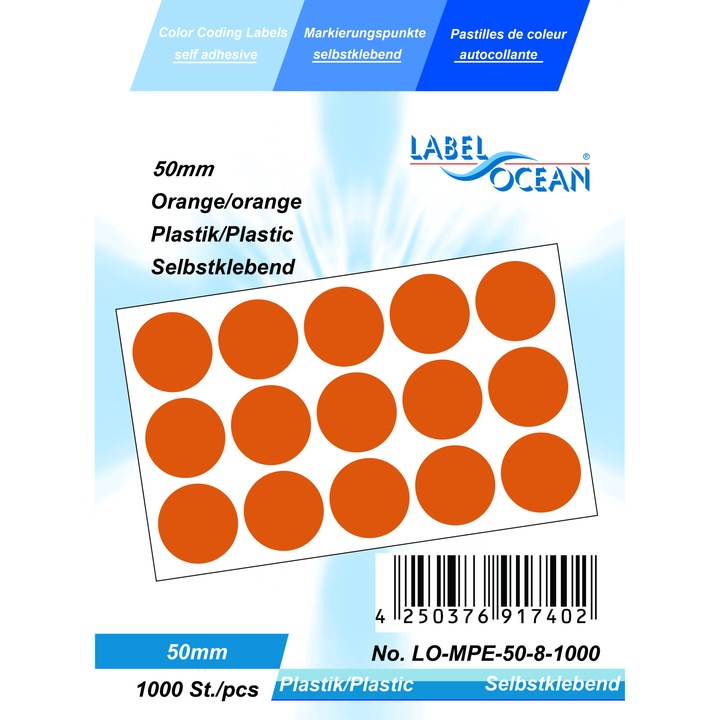 Rola cu 1000 Etichete Autoadezive Buline Portocalii Diametru 50 mm Plastic