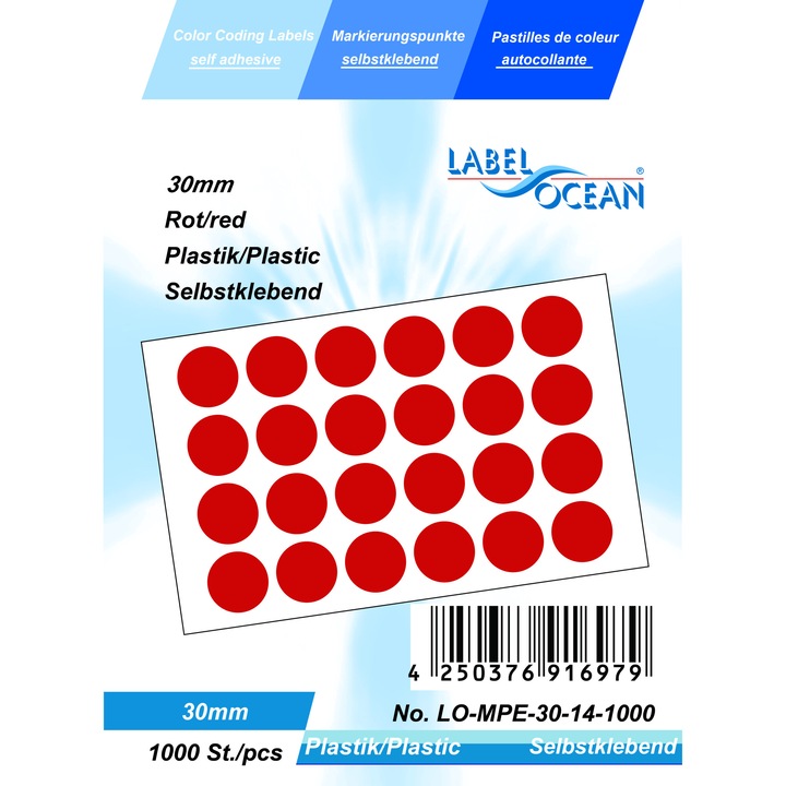 LabelOcean öntapadó jelölő pötty, piros pötty matrica, 1000 db / csomag, átmérője 30 mm, műanyag