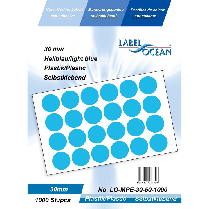 Rola cu 1000 Etichete Autoadezive Buline Albastre Diametru 30 mm Plastic