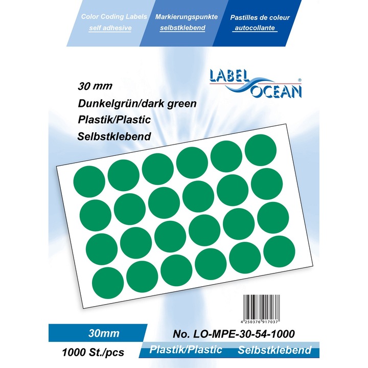 Öntapadó címkék Sötétzöld Pöttyös Átmérő 30 mm Műanyag 1000 db