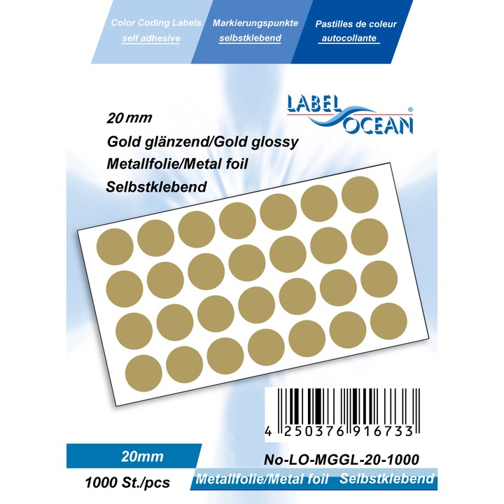 Set de 1000 Etichete Autoadezive Buline Auriu Lucios Diametru 20 mm Folie Metalica