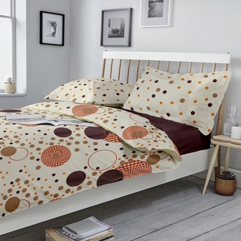 Lenjerie de pat Dormisete bumbac 100%, Dots Bej pentru pat 2 persoane, 4 piese, 200x220 / 50x70, cearceaf pat uni Dark Brown Lenjerie de pat Dormisete bumbac 100%, Dots Bej pentru pat 2 persoane, 4 piese, 200x220 / 50x70, cearceaf pat uni Dark Brown