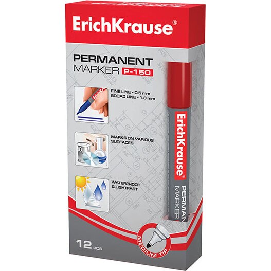 Marker permanent ErichKrause P-150, varf rotund, rezistent la apa, rosu, 12/Set