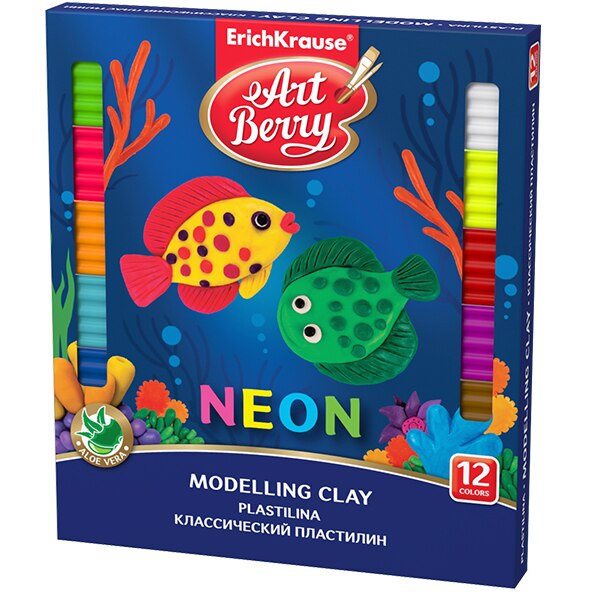 Plastilina Neon ErichKrause ArtBerry, cu Aloe Vera, 12 Culori Asortate, cu Modelator, 216 g