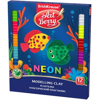 Plastilina Neon ErichKrause ArtBerry, cu Aloe Vera, 12 Culori Asortate, cu Modelator, 216 g Plastilina Neon ErichKrause ArtBerry, cu Aloe Vera, 12 Culori Asortate, cu Modelator, 216 g