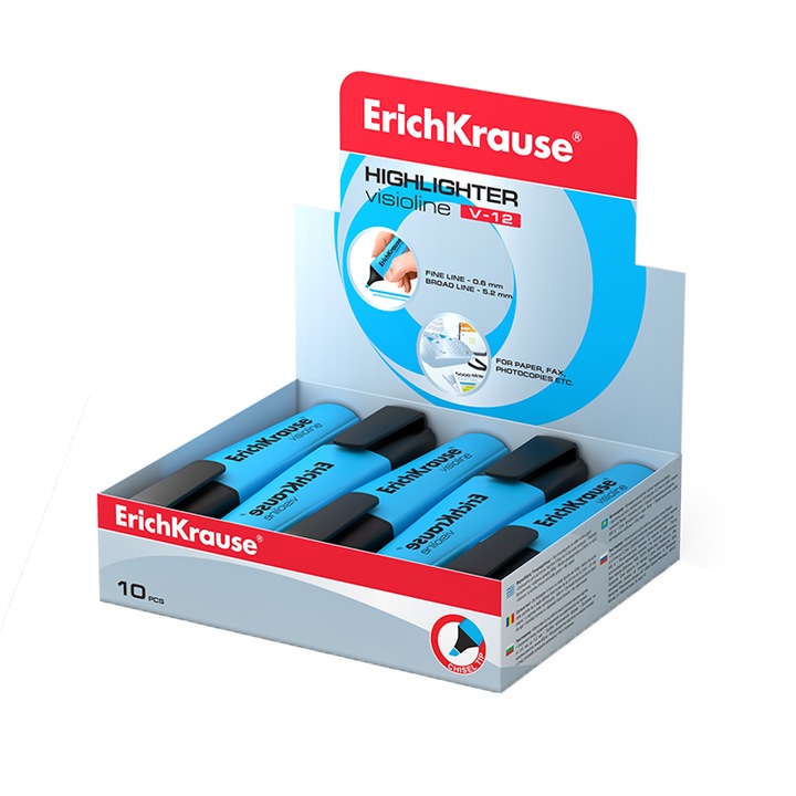 Textmarker ErichKrause Visioline V-12, varf tesit, albastru, 10/Set