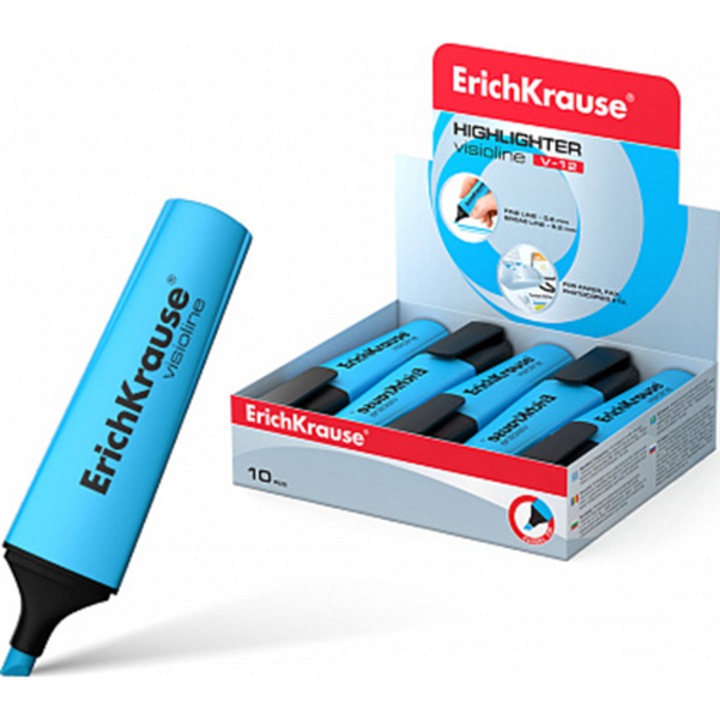 Textmarker ErichKrause Visioline V-12, varf tesit, albastru, 10/Set