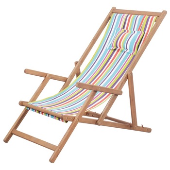 Scaun de plaja cu tetiera, pliabil, vidaXL, Cadru de lemn, Multicolor, 60 x 127 x 81 cm