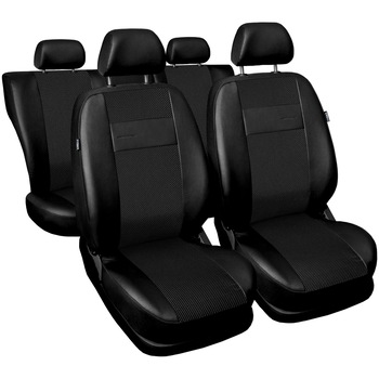 Set huse auto , exclusive , 9 bucati , universale , din imitatie de piele , culoare neagra pe margini si tesaturi liniare mici gri cu alb pe partea centrala Set huse auto , exclusive , 9 bucati , universale , din imitatie de piele , culoare neagra pe margini si tesaturi liniare mici gri cu alb pe partea centrala