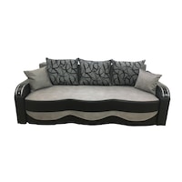 Canapea extensibila Milano, MobAmbient, Gri cu Negru, material textil si piele ecologica, extensie din plasa de arcuri tip relaxa, cu lada de depozitare, 3 perne mari si 2 perne mici incluse, 230 x200 cm