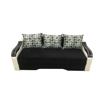 Canapea fixa Eco Ornament, MobAmbient, Negru Alb, material textil si piele ecologica, extensie din plasa de arcuri tip relaxa, cu lada de depozitare, 3 perne mari incluse, 220 x 140 cm Canapea fixa Eco Ornament, MobAmbient, Negru Alb, material textil si piele ecologica, extensie din plasa de arcuri tip relaxa, cu lada de depozitare, 3 perne mari incluse, 220 x 140 cm