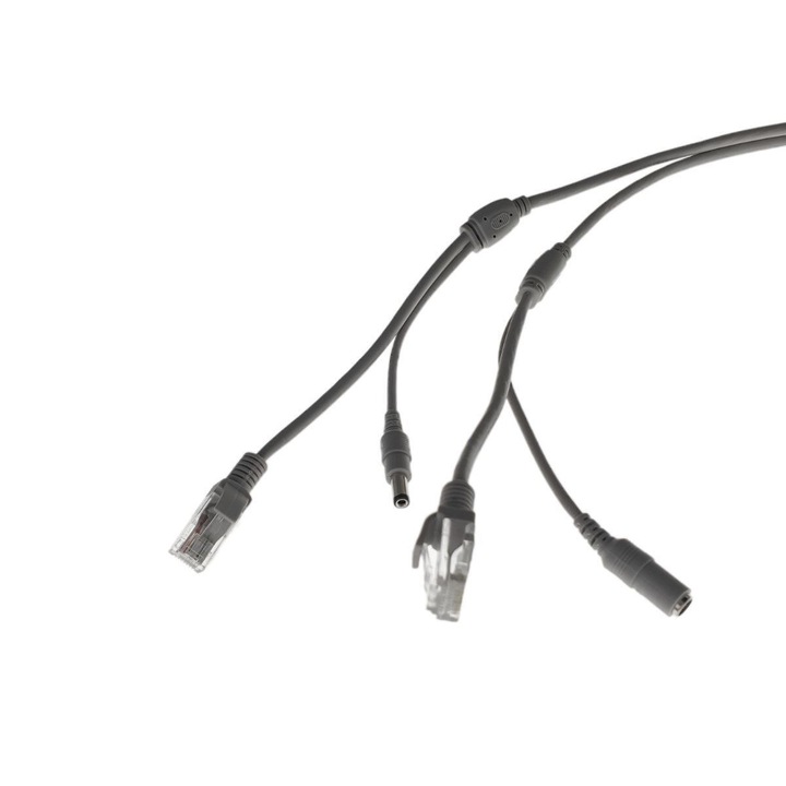 Cablu retea 10m pentru camera IP CCTV NVR, UTP Cat.5/5e, mufat 2XRJ45 si cablu alimentare mufat 2X2.1x5.5mm, gri