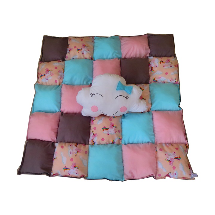 Covoras de joaca pufos cu Pernuta norisor, Roz-bleu, 120 cm x 120cm x 5 cm