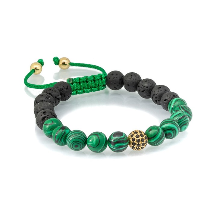 Bratara malachit 8mm si distantier placat cu aur