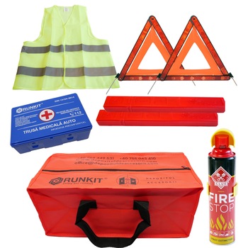 Kit siguranta auto, contine extinctor tip spray, trusa medicala certificata RAR si avizata MS, 2 x triunghi reflectorizant, vesta reflectorizanta, geanta depozitare, CLUE Kit siguranta auto, contine extinctor tip spray, trusa medicala certificata RAR si avizata MS, 2 x triunghi reflectorizant, vesta reflectorizanta, geanta depozitare, CLUE