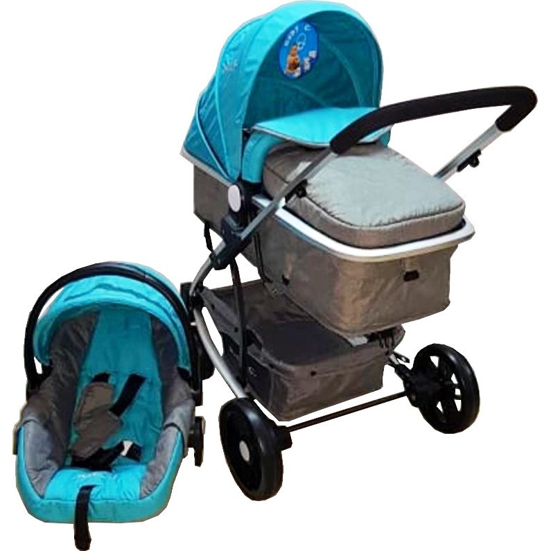 Carucior nou nascuti 3 in 1 Baby Care™ PRO YK , Cadru Aluminiu, Landou, Scoica auto, Spatar reglabil 3 trepte, Albastru Aqua