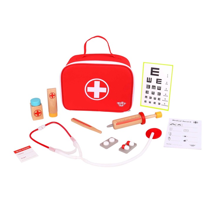 Детски Медицински Комплект Малък Доктор Tooky Toy Little Doctor TKC567, Образователни играчки, Дърво, Червен, 3 години +