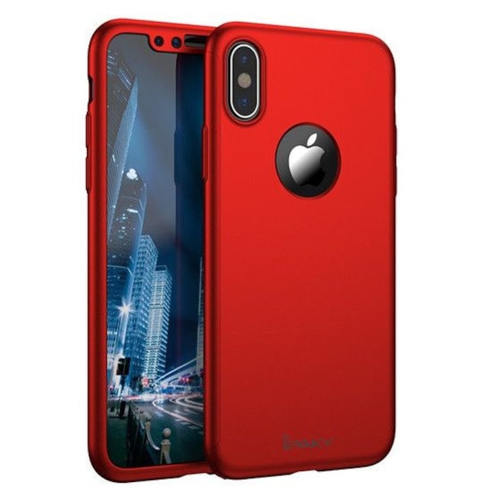 Защитен калъф за Apple iPhone X, iPaky Pro Red Original Case, пълно покритие на 360 градуса с безплатно защитно фолио