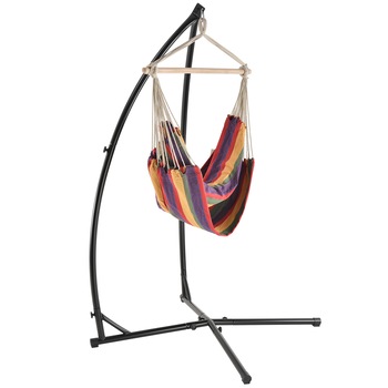 Hamac fotoliu cu cadru HTGI-0703, casa.pro, 100 x 100 cm, 130 Kg, inaltime 205 cm, bumbac/poliester/metal, negru/multicolor Hamac fotoliu cu cadru HTGI-0703, casa.pro, 100 x 100 cm, 130 Kg, inaltime 205 cm, bumbac/poliester/metal, negru/multicolor