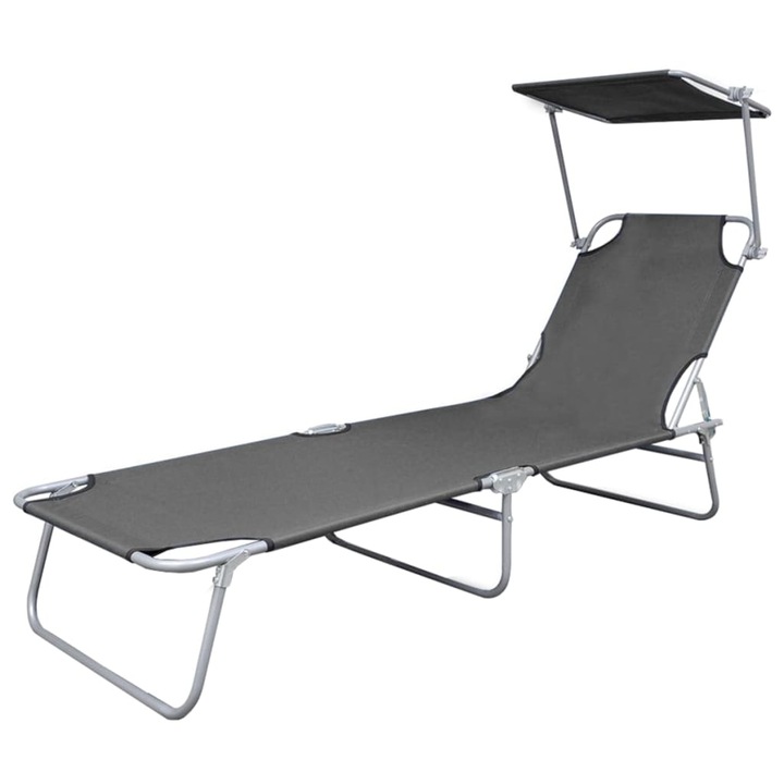 Sezlong pliabil cu paravan reglabil, vidaXL, Tesatura, Gri, 189 x 58 x 27 cm
