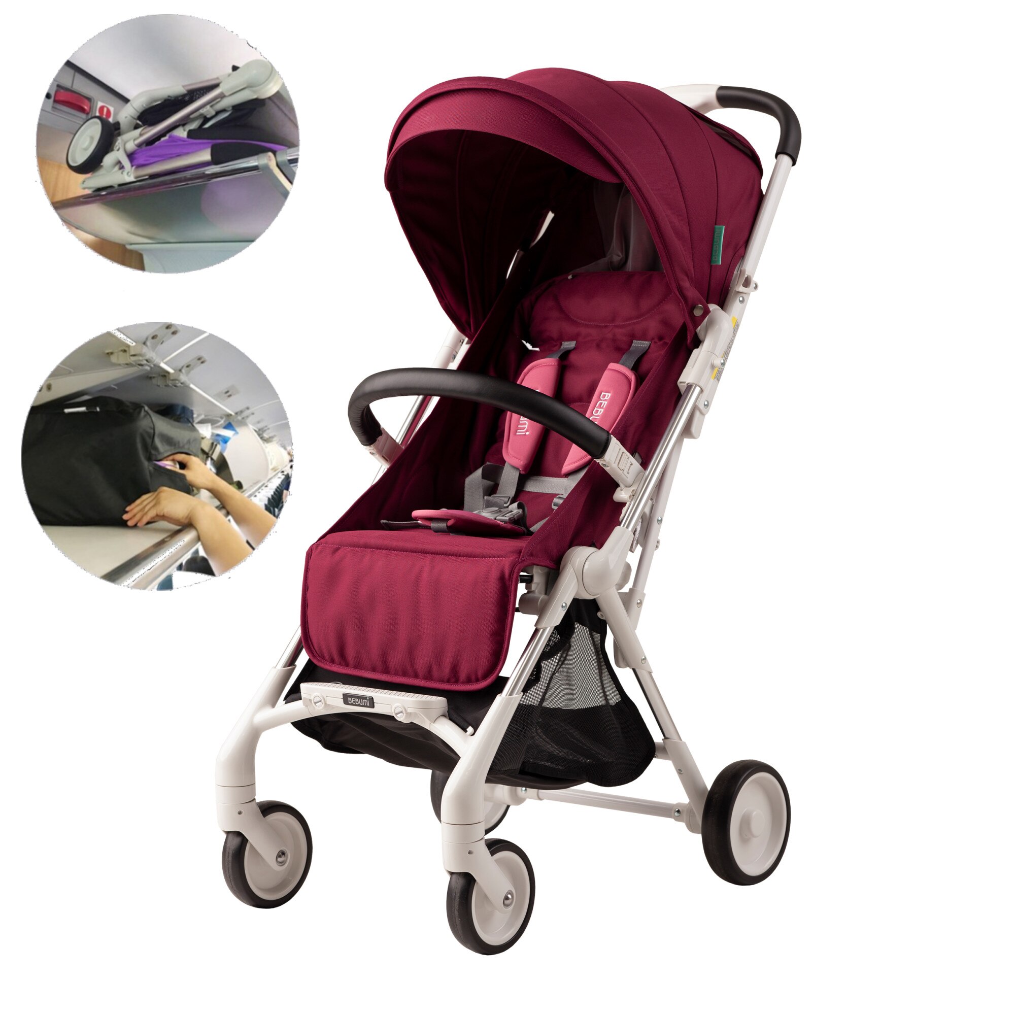 Carucior cu LED Bebumi Spotlight, compact, husa de ploaie red wine