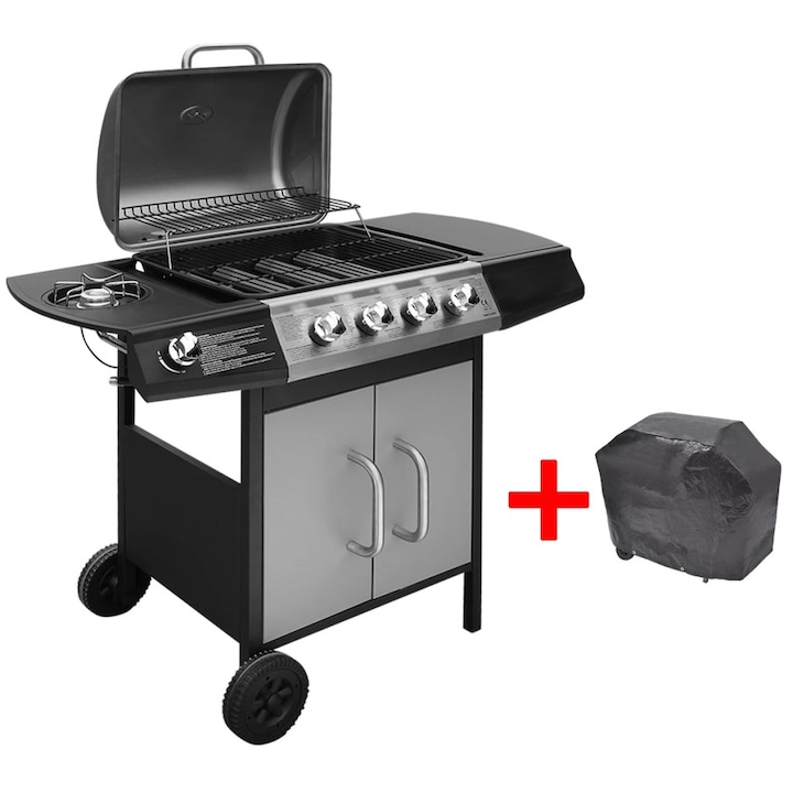 vidaXL - 273790 - fekete és ezüst gáz grillsütő 4+1 főzőfelülettel