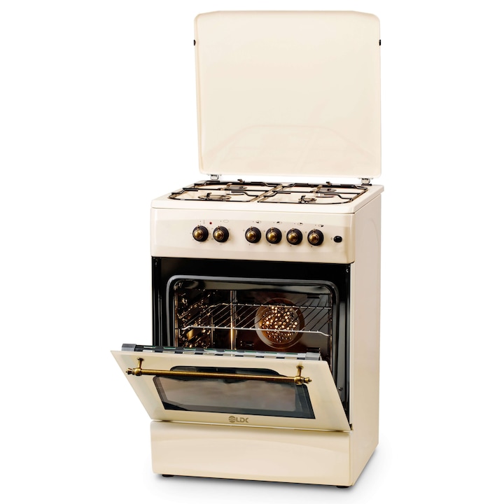 Aragaz LDK 6060 ECAI BEIGE RUSTIC, Siguranta, Cuptor electric cu convectie, Aprindere, Iluminare, Capac metalic, 60 x 60 cm, Bej