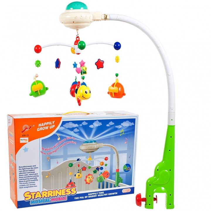 Музикална въртележка за креватче с включен звезден проектор, успокояващи песни, подвижни играчки, регулируема сила на звука, магически сънища