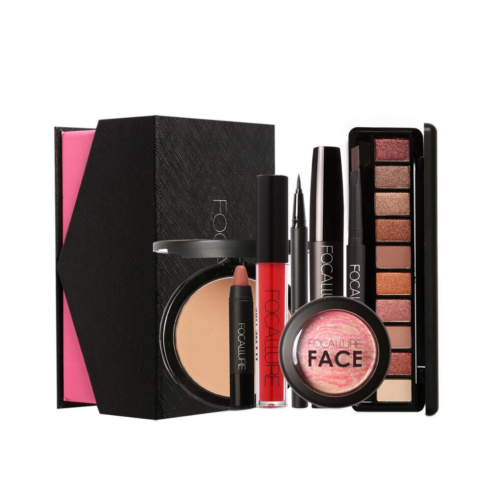 Set cadou Focallure machiaj cu 8 piese: tus, creion sprancene, mascara, ruj nude, fard de pleoape si pudra compacta, 20663