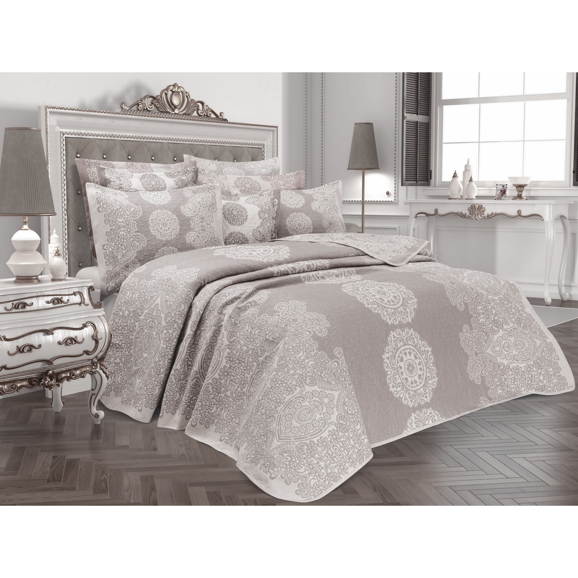 Set Cuvertura dubla de pat cu 2 fete de perna, Valentini Bianco, Onella Gris