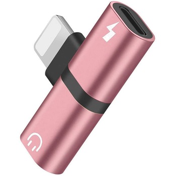 Mini Adaptor iUni compatibil cu Apple iPhone, Lightning Splitter, Dual port, Adaptor Casti, Adaptor incarcare, Rose Gold Mini Adaptor iUni compatibil cu Apple iPhone, Lightning Splitter, Dual port, Adaptor Casti, Adaptor incarcare, Rose Gold