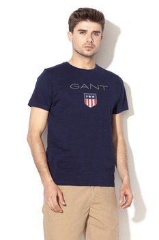 Gant, Tricou cu decolteu la baza gatului si imprimeu logo, Albastru marin