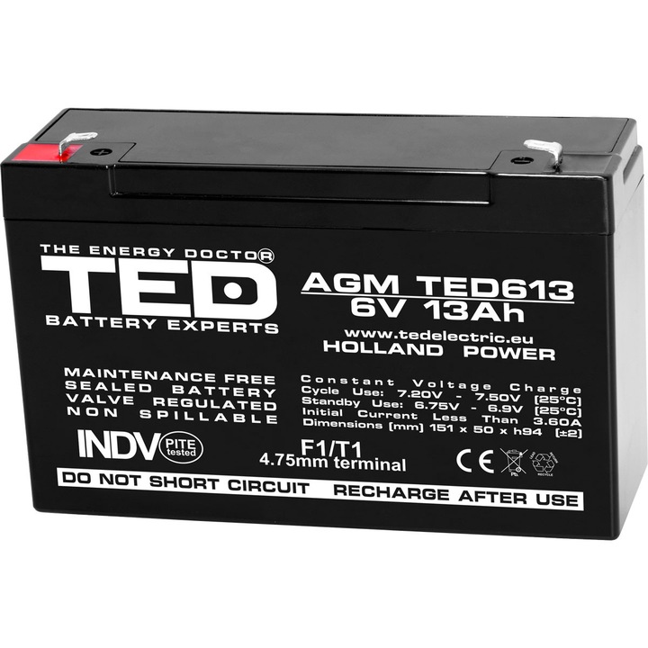 Acumulator Stationar AGM VRLA Etans 6V 13A F1 T1, Dimensiuni 151mm x 50mm x h94mm, TED Electric
