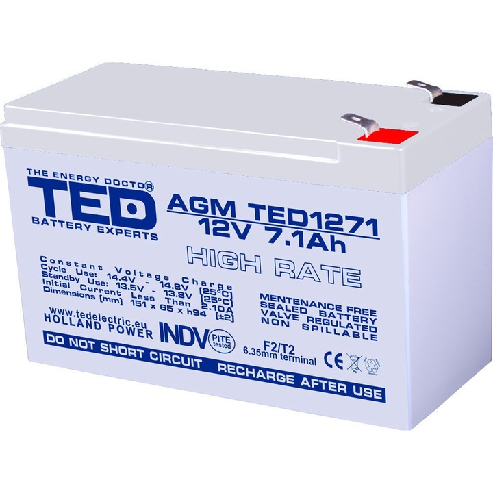 Стационарна батерия VRLA AGM 12V 7.1Ah High Rate, F2/ T2, TED Electric, запечатана, UPS, Back-UP