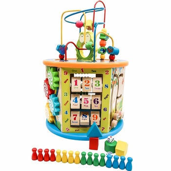Cub educativ Montessori cu activitati din lemn 8 in 1,Ceas, Puzzle, Labirinturi, Abacus, Sah, 36 cm, Multicolor Cub educativ Montessori cu activitati din lemn 8 in 1,Ceas, Puzzle, Labirinturi, Abacus, Sah, 36 cm, Multicolor