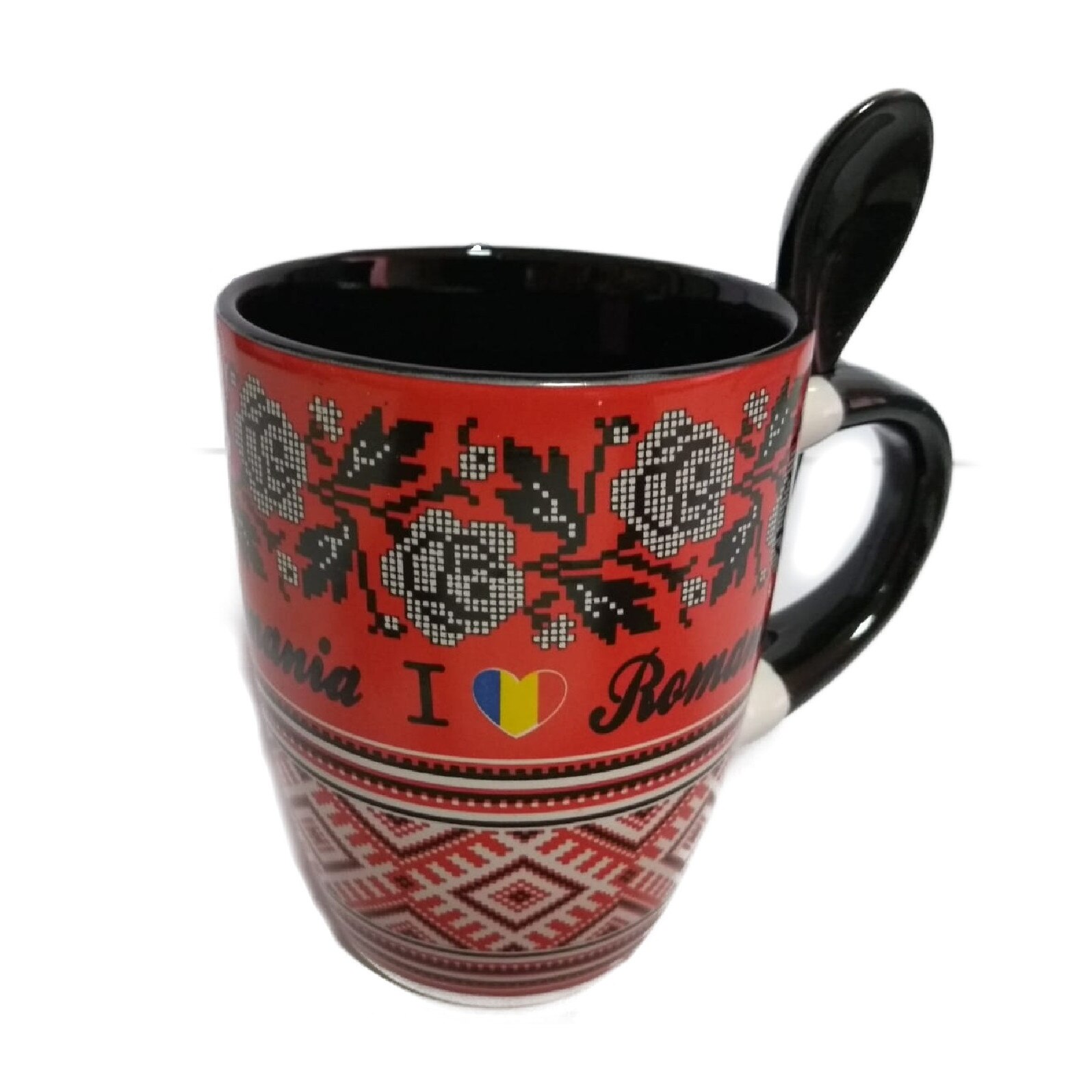 Cana ceramica, model trandafiri, 250ml, rotunda cu interior negru