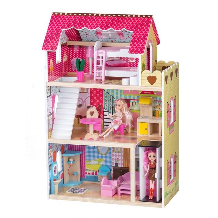 Casuta de Papusi Mare din Lemn, Raspberry, cu Lift, 16 Piese Mobilier si 2 Papusi, 90 cm