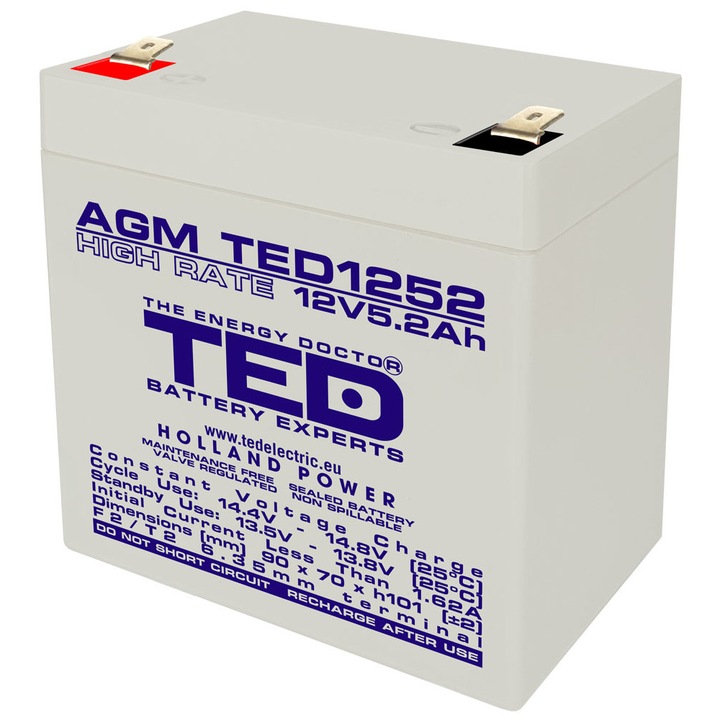 Стационарна батерия VRLA AGM 12V 5.2Ah High Rate, F2/ T2 TED Electric, запечатана, UPS, Back-up, аларма
