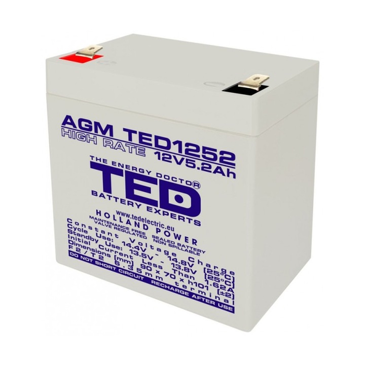 Acumulator stationar VRLA AGM 12V 5,2Ah High Rate, F2/ T2 TED Electric, etans, UPS, Back-up, alarma