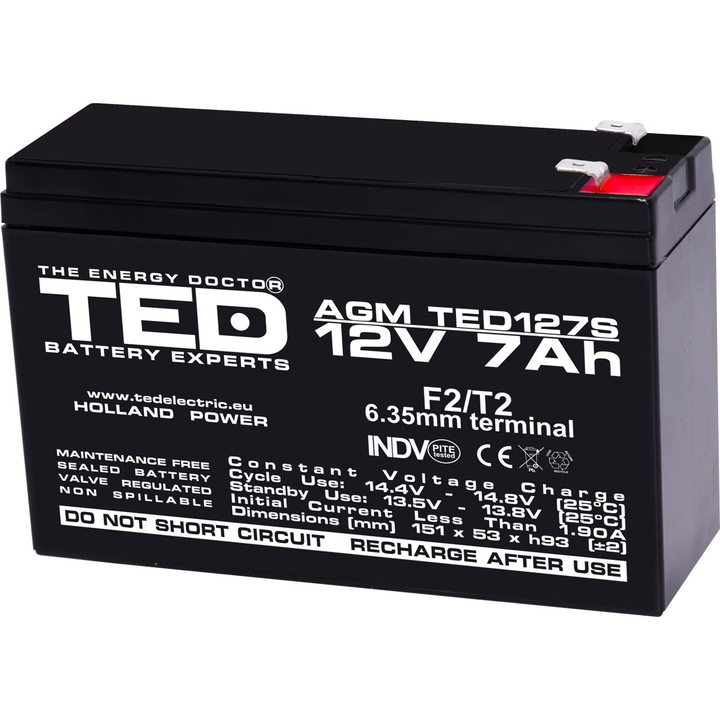 Acumulator Stationar Etans AGM VRLA 12V 7A F2 T2, Dimensiuni Speciale 151mm x 53mm x h93mm, Pentru UPS Siteme Back-up, TED Electric