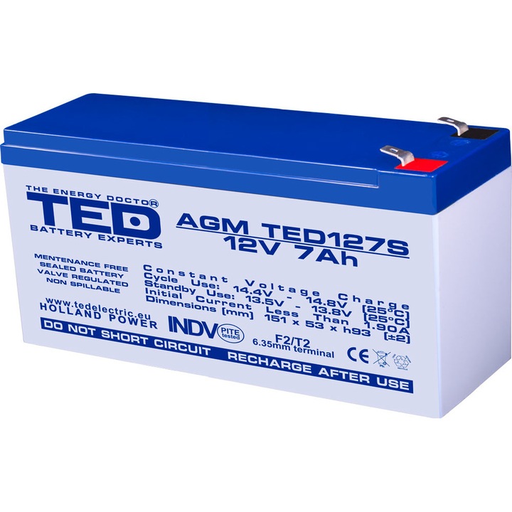 Acumulator stationar VRLA AGM 12V 7Ah F2/ T2 TED Electric, etans, UPS, Back-UP dimensiuni speciale 149 x 49 x 95