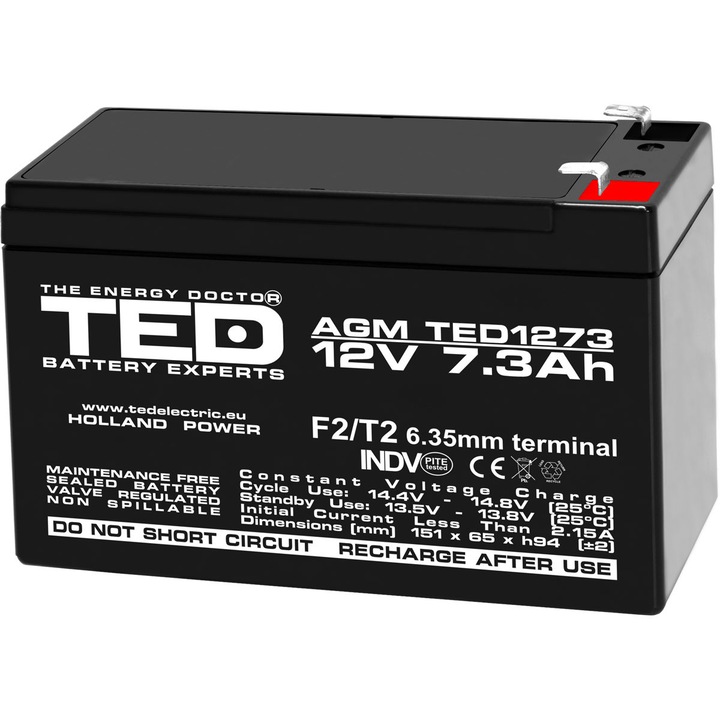 Acumulator Stationar AGM VRLA Etans 12V 7.3A F2 T2, Dimensiuni 151mm x 65mm x h94mm, TED Electric