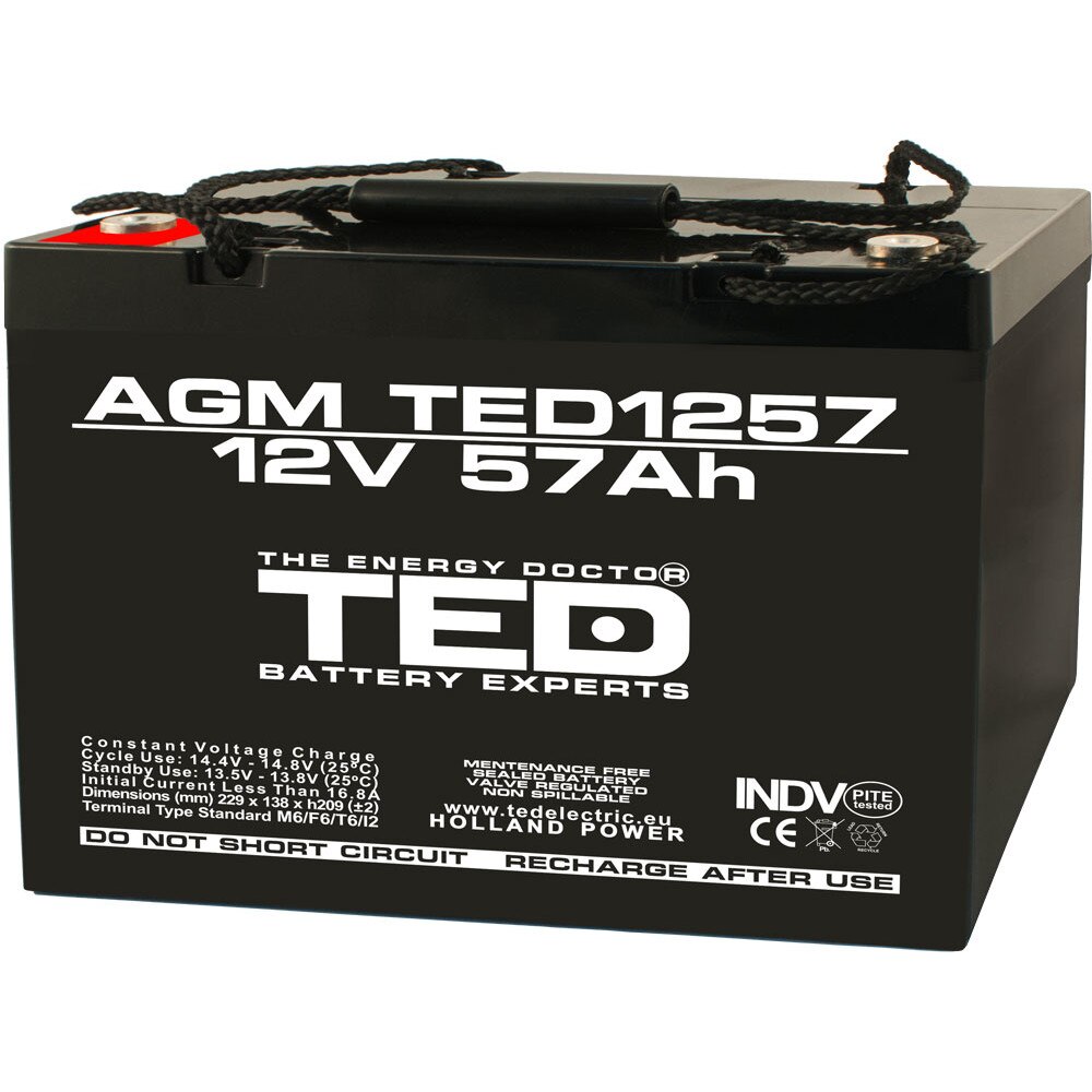Acumulator stationar VRLA AGM 12V 57Ah, Terminal M6, TED Electric, etans, UPS, Back-up
