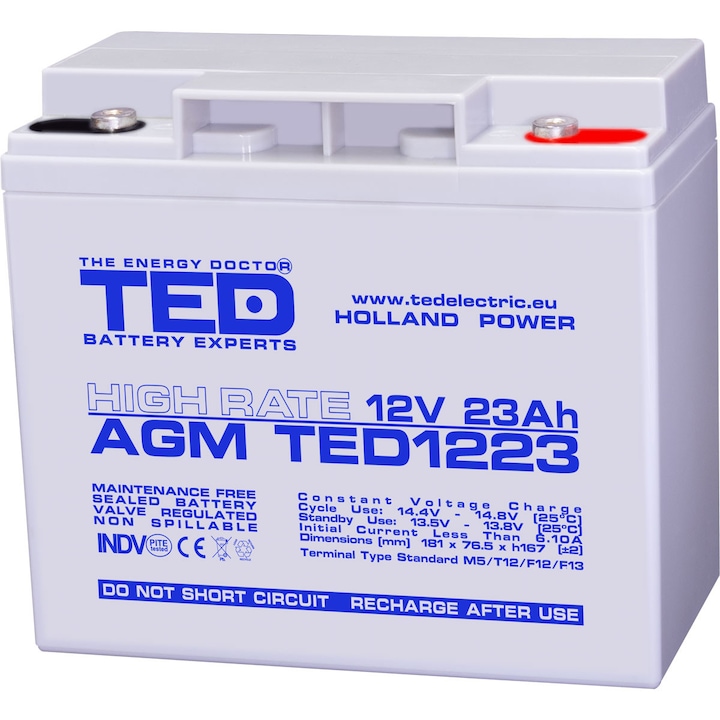 Acumulator Stationar Etans AGM VRLA 12V 23A M5 F12 T12 High Rate, Dimensiuni 181mm x 76mm x h167mm, Pentru UPS Siteme Back-up, TED Electric