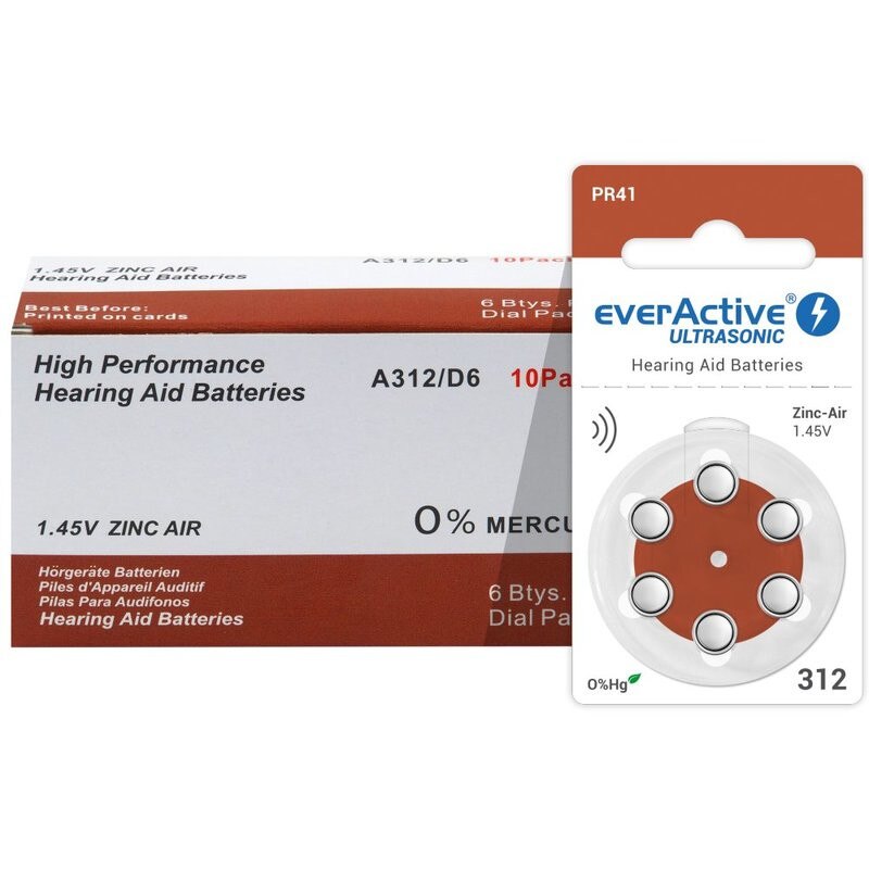Baterii auditive A312 everactive zinc air, 1.45V, Hg 0%, blister de 6 bucati